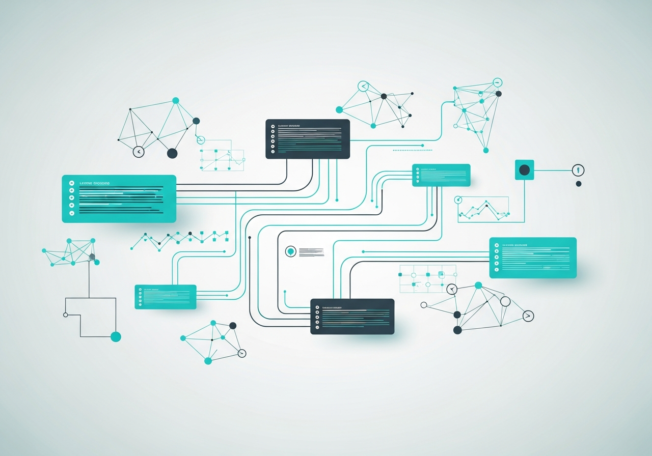 Abstrakte Visualisierung von digitalen Workflows und Automatisierungsprozessen einer n8n Agentur in Deutschland, ohne Menschen, im professionellen B2B-Stil