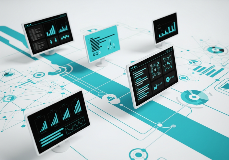 Professionelle visuelle Darstellung eines n8n Setups für Unternehmen mit abstrahierten Datenflüssen und vernetzten Workflows im B2B-Kontext