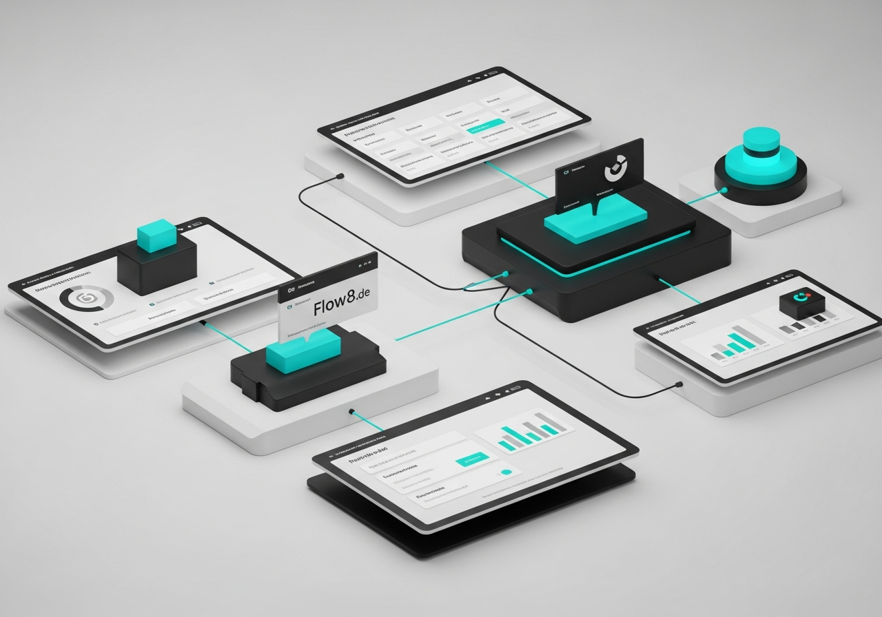 Abstrakte Darstellung digitaler Automatisierungsprozesse mit vernetzten Dashboards und Datenflüssen in modernen Türkis-Schwarz-Weiß-Tönen, B2B-Kontext