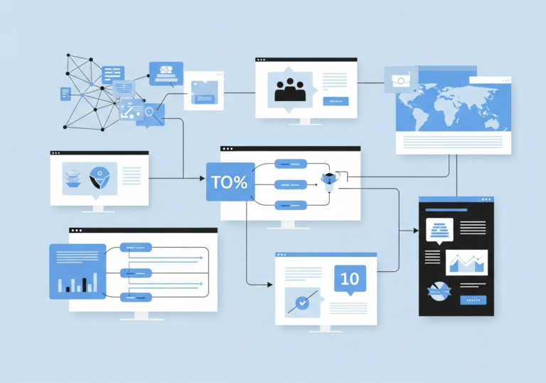 Abstraktes B2B Automatisierungs-Motiv mit digitalen Datenflüssen und strukturierten Dashboards im modernen, sachlichen Stil ohne Personen
