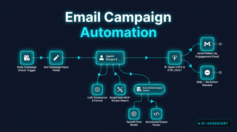 Email Campaign Automation Workflow mit 11 Schritten in n8n visualisiert (KI-generiertes Bild)