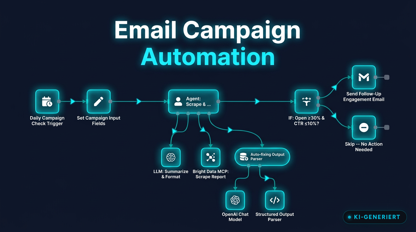 Email Campaign Automation Workflow mit 11 Schritten in n8n visualisiert (KI-generiertes Bild)