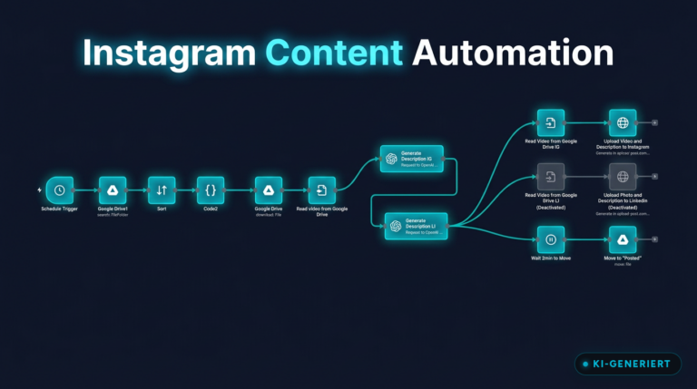 Instagram Content Automation Workflow mit n8n, Google Drive, OpenAI und LinkedIn (KI-generiertes Bild)