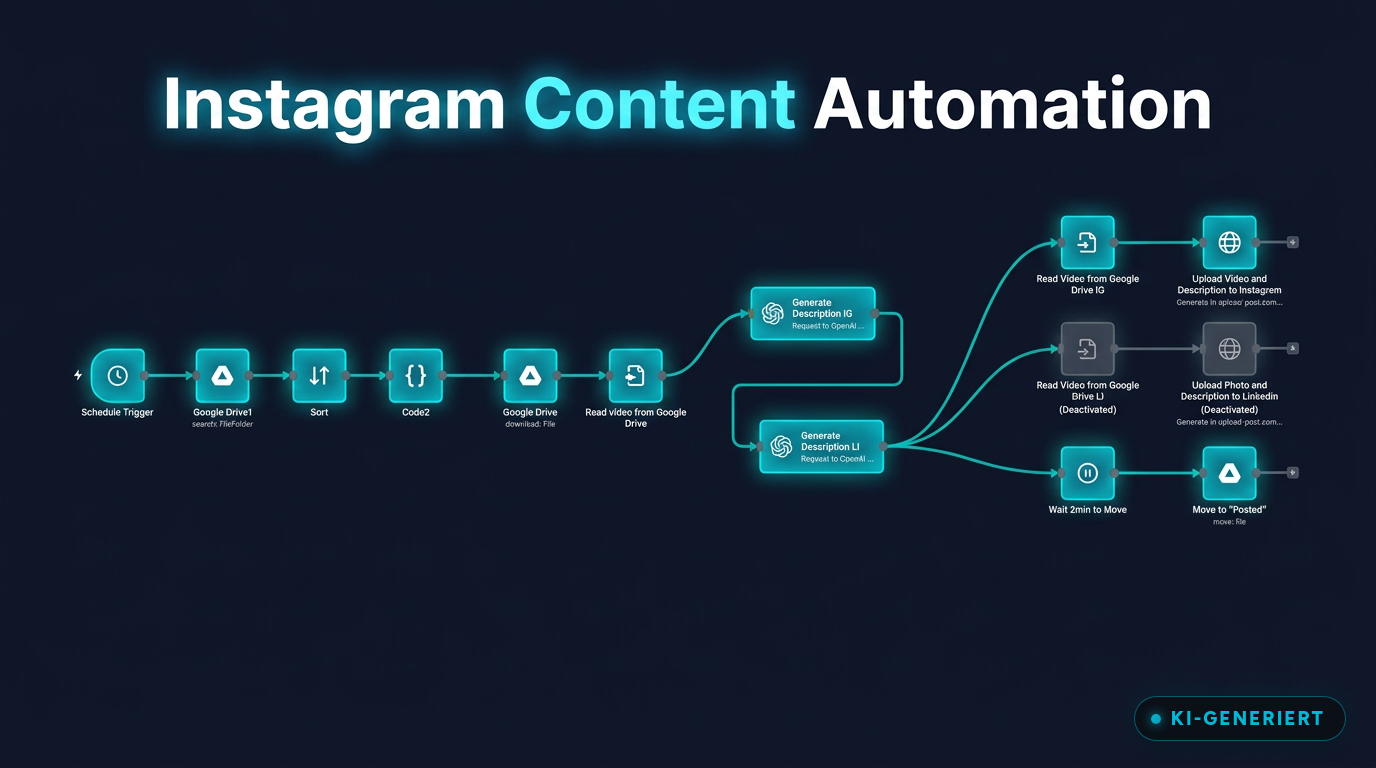 Instagram Content Automation Workflow mit n8n, Google Drive, OpenAI und LinkedIn (KI-generiertes Bild)