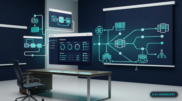 n8n Beratung Deutschland mit Workflow-Diagrammen und Server-Infrastruktur (KI-generiertes Bild)