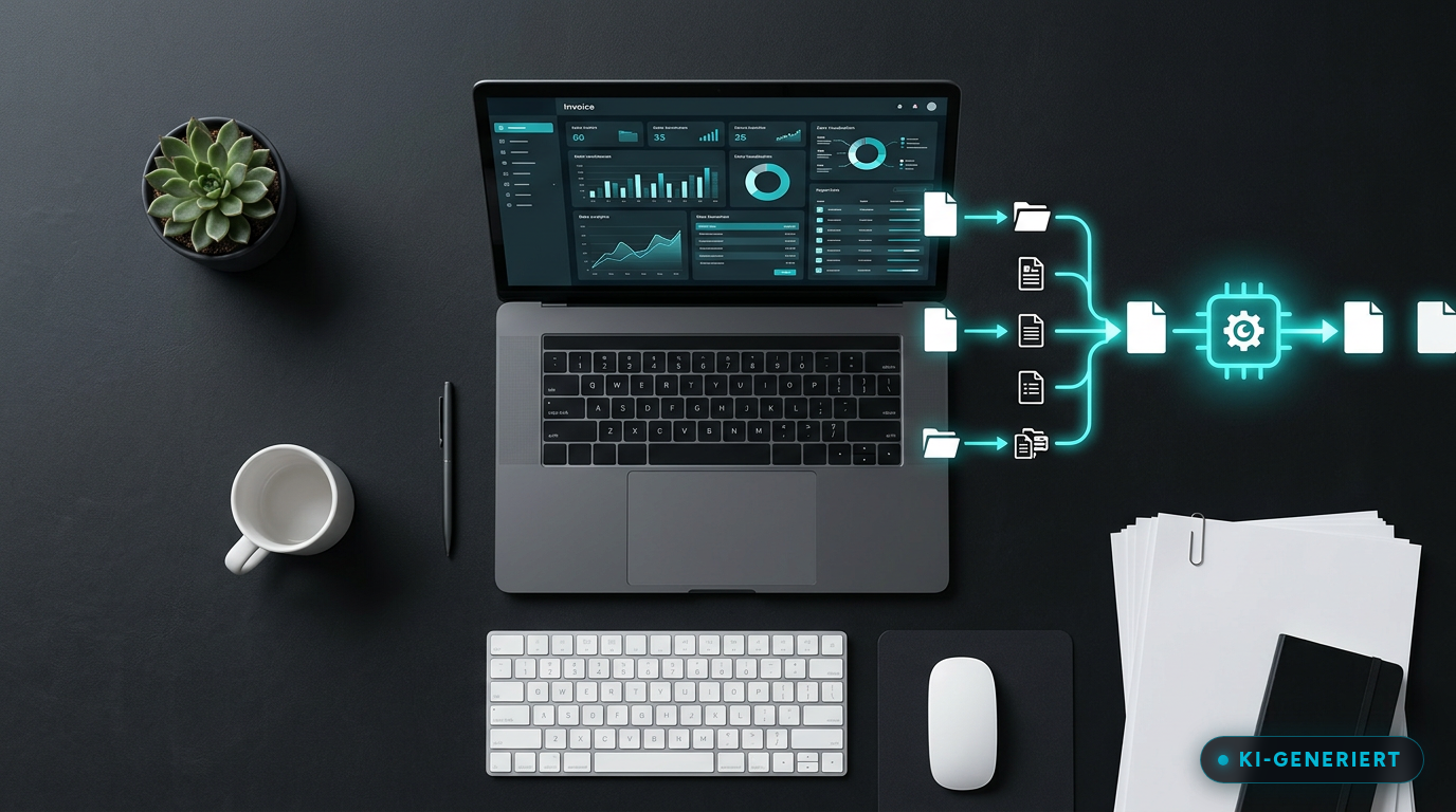Rechnungs-Automatisierung Workflow mit digitalen Belegen und Dashboard (KI-generiertes Bild)