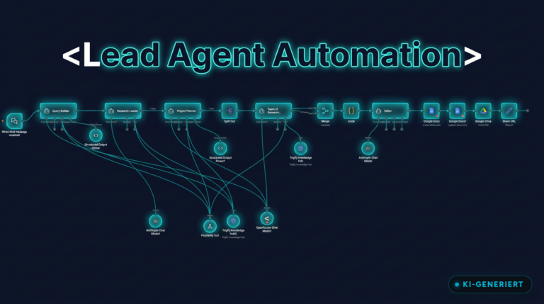 Lead Agent Automation Workflow mit Claude, Perplexity und Google Docs Integration (KI-generiertes Bild)