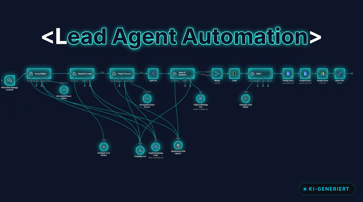 Lead Agent Automation Workflow mit Claude, Perplexity und Google Docs Integration (KI-generiertes Bild)