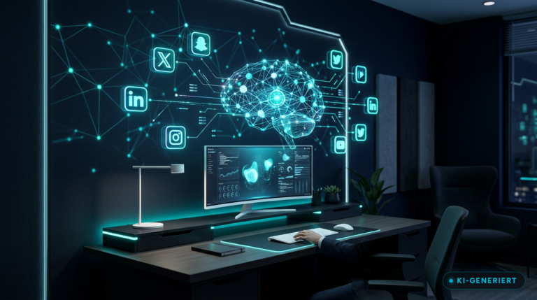 Social-Media-Automatisierung KI mit vernetzten Plattformen und Workflows (KI-generiertes Bild)
